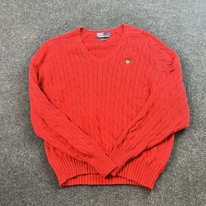 Polo Ralph Lauren Sweater Mens Large Red Cable Knit Pullover Crest Patch Cotton